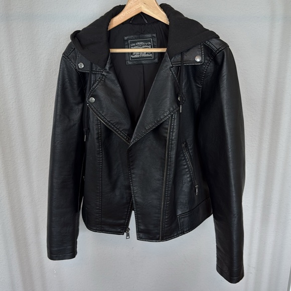 Levi's Black Faux Leather Moto Jacket with Hood - Picture 5 of 8
